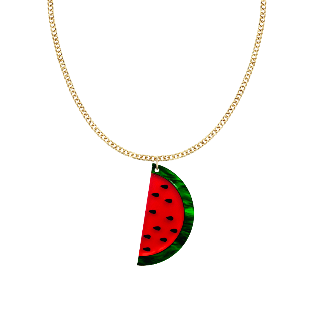 Gold Necklace chain with a watermelon slice pendant on a white background