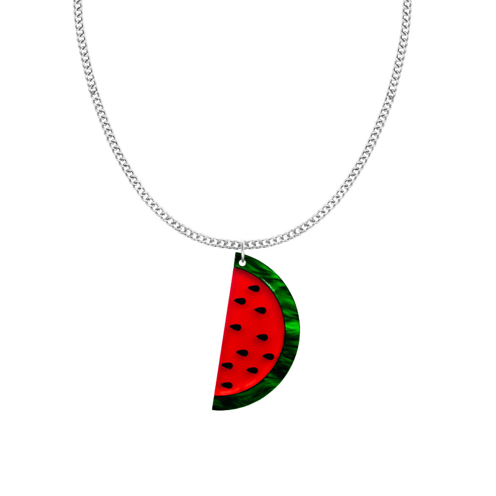 Silver Necklace chain with a watermelon slice pendant on a white background