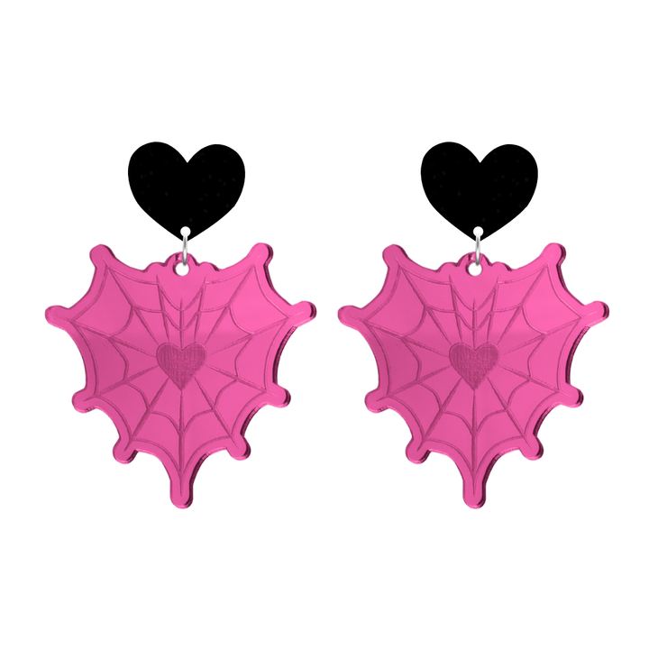 haus of dizzy pink mirror heart shaped spider web earrings with black heart-shaped tops on a white background size large
