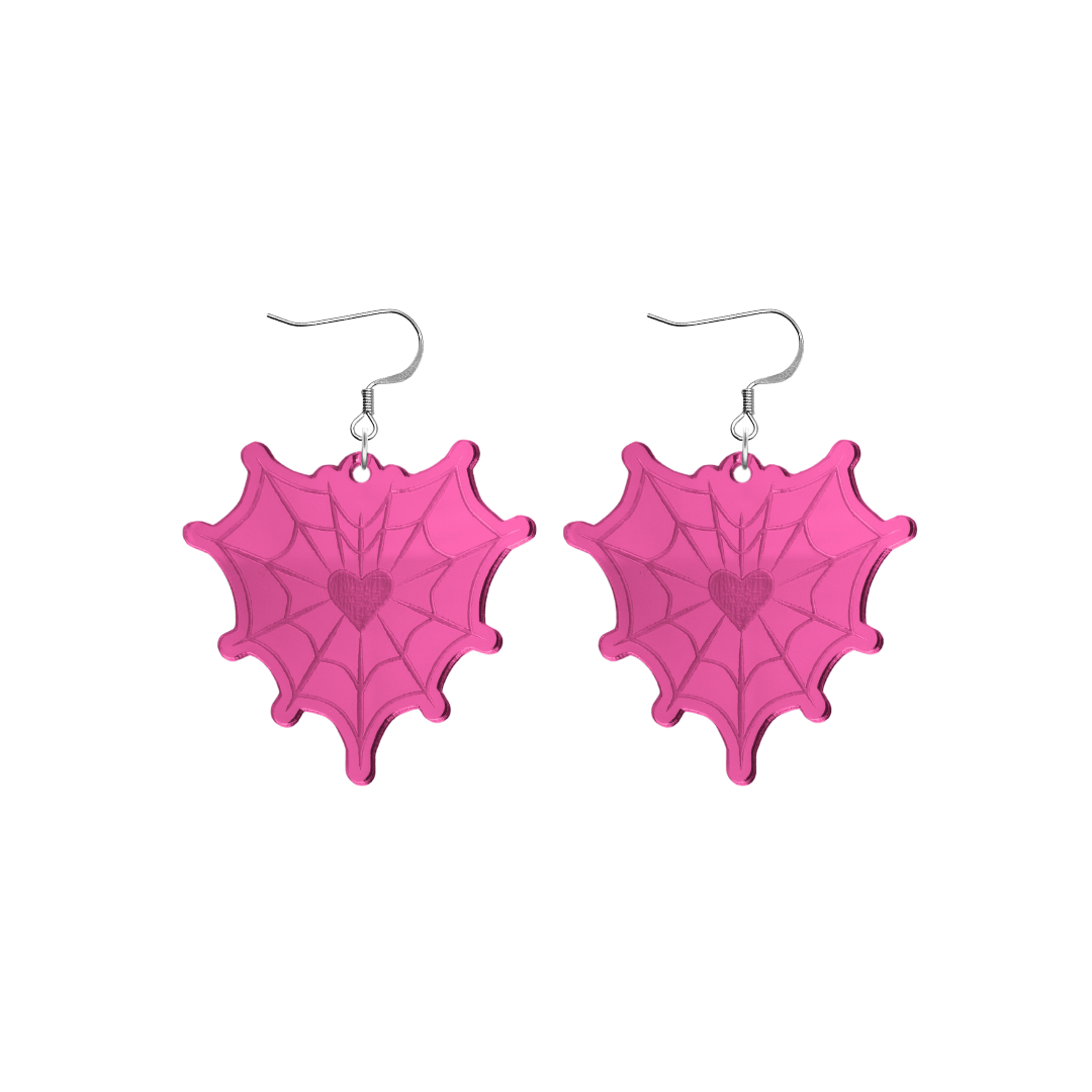 haus of dizzy pink mirror heart shaped spider web earrings with silver hooks on a white background size small