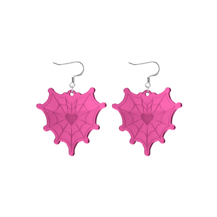 haus of dizzy pink mirror heart shaped spider web earrings with silver hooks on a white background size small