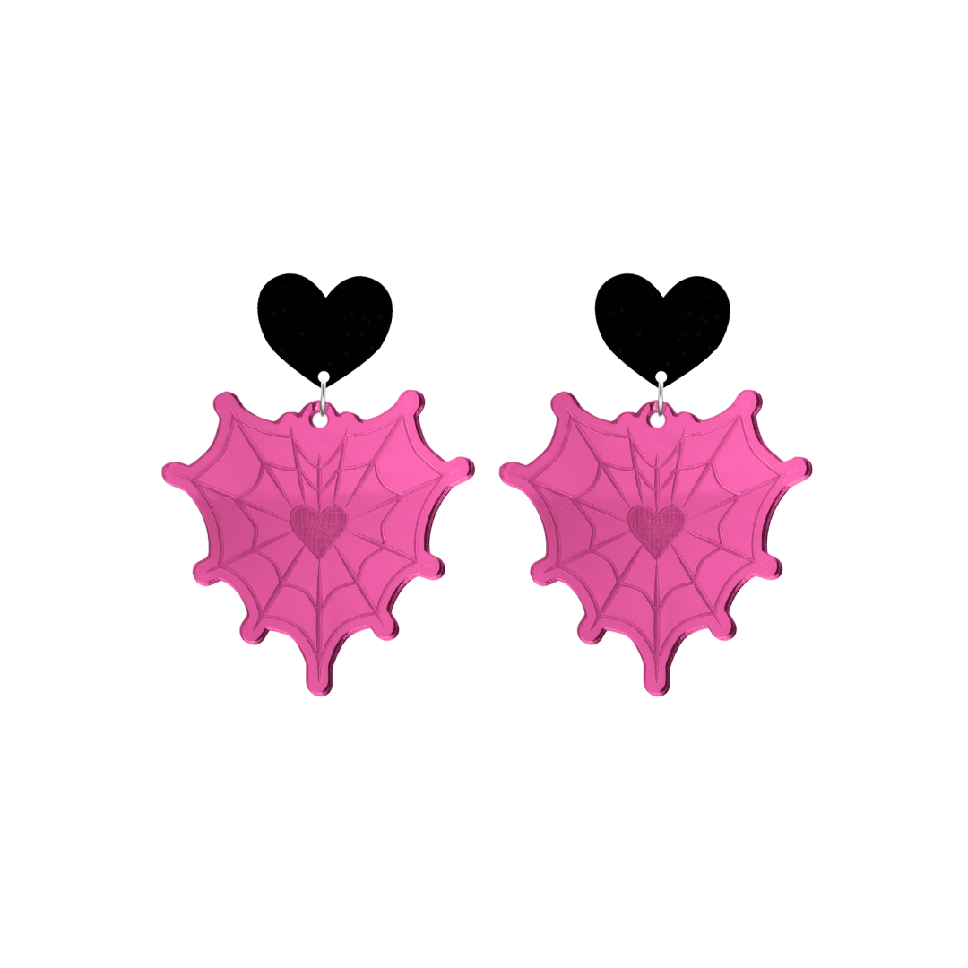 haus of dizzy pink mirror heart shaped spider web earrings with black heart-shaped tops on a white background size small