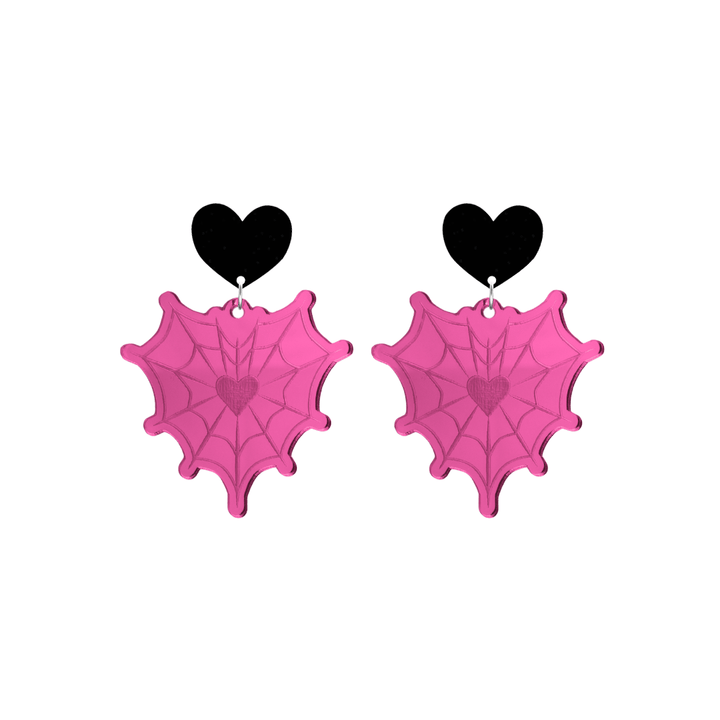 haus of dizzy pink mirror heart shaped spider web earrings with black heart-shaped tops on a white background size small