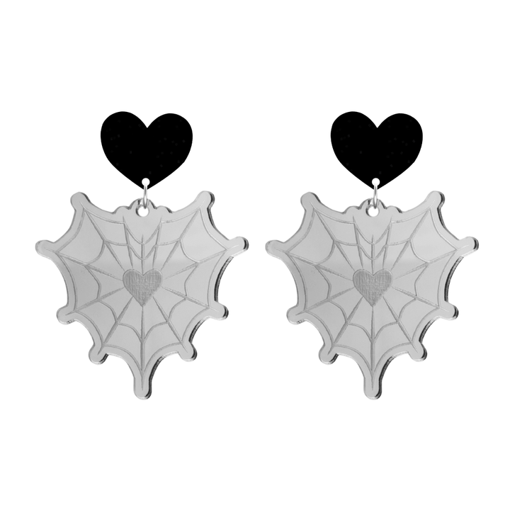 haus of dizzy silver mirror heart shaped spider web earrings with black heart-shaped tops on a white background size large