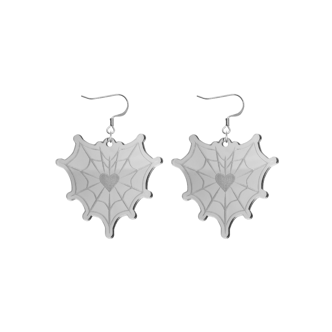 haus of dizzy silver mirror heart shaped spider web earrings with silver on a white background size small