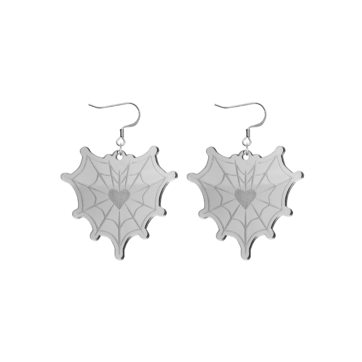 haus of dizzy silver mirror heart shaped spider web earrings with silver on a white background size small