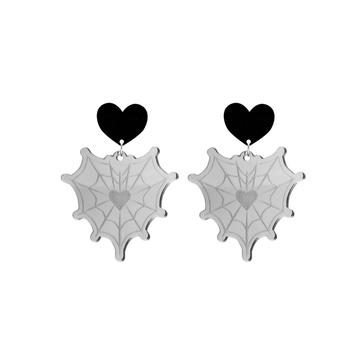 haus of dizzy silver mirror heart shaped spider web earrings with black heart-shaped tops on a white background size small