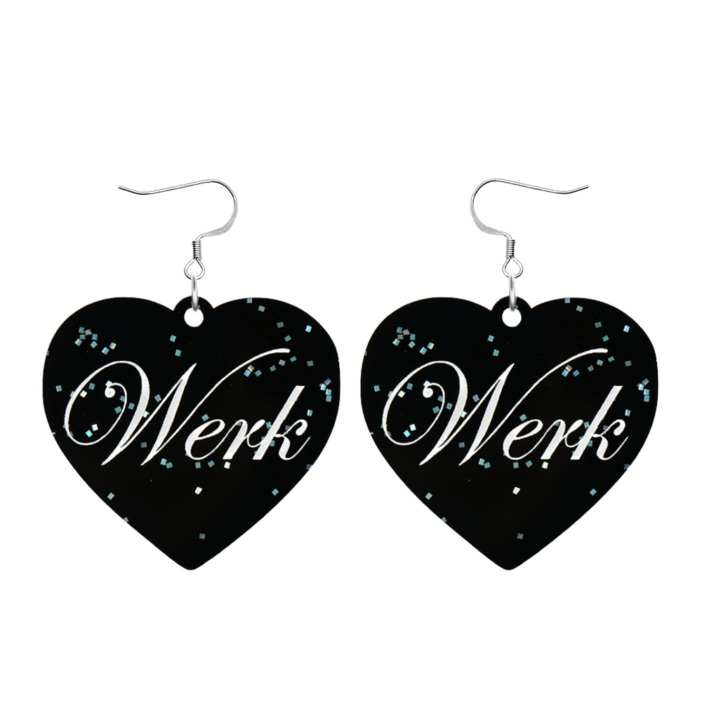 Black glitter Heart-shaped earrings with white text that says 'Werk', and silver hooks (no heart tops) on a white background