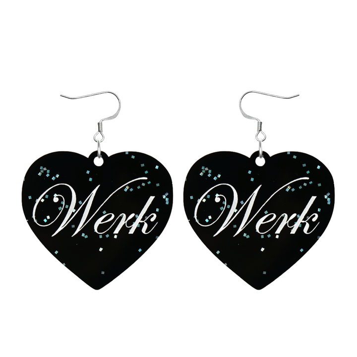 Black glitter Heart-shaped earrings with white text that says 'Werk', and silver hooks (no heart tops) on a white background