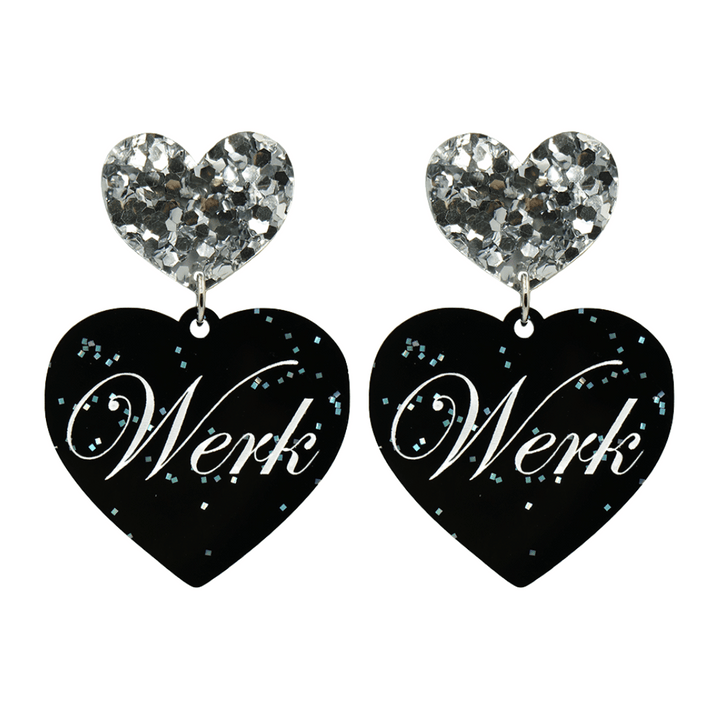 Black glitter Heart-shaped earrings with white text that says 'Werk', and silver glitter heart tops on a white background