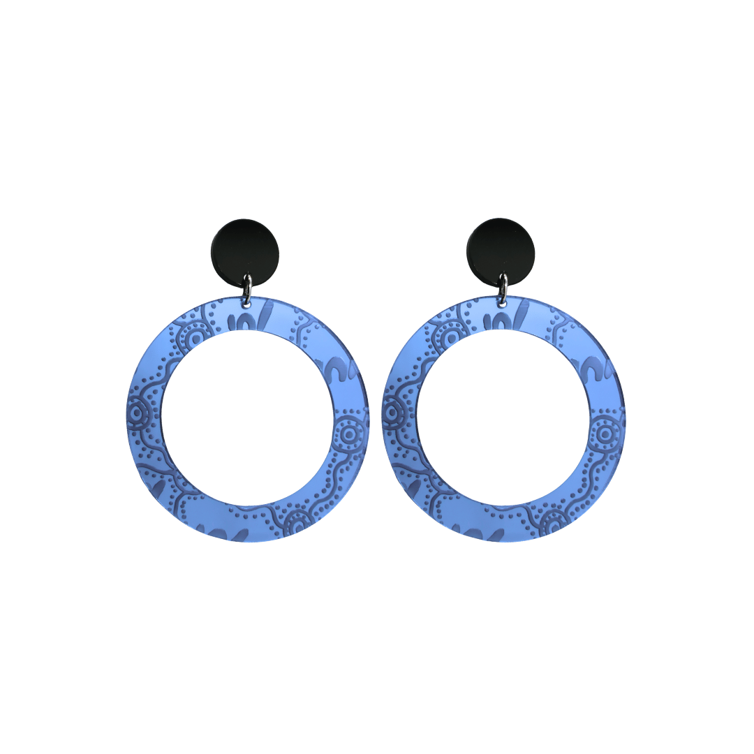 Pair of small, blue mirror, acrylic hoop earrings with Aboriginal artwork pattern with black circular earring top. Earrings are on a white background