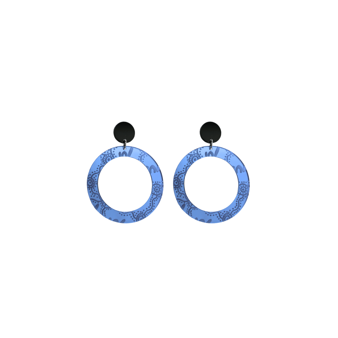 Pair of extra small, blue mirror, acrylic hoop earrings with Aboriginal artwork pattern with black circular earring top. Earrings are on a white background
