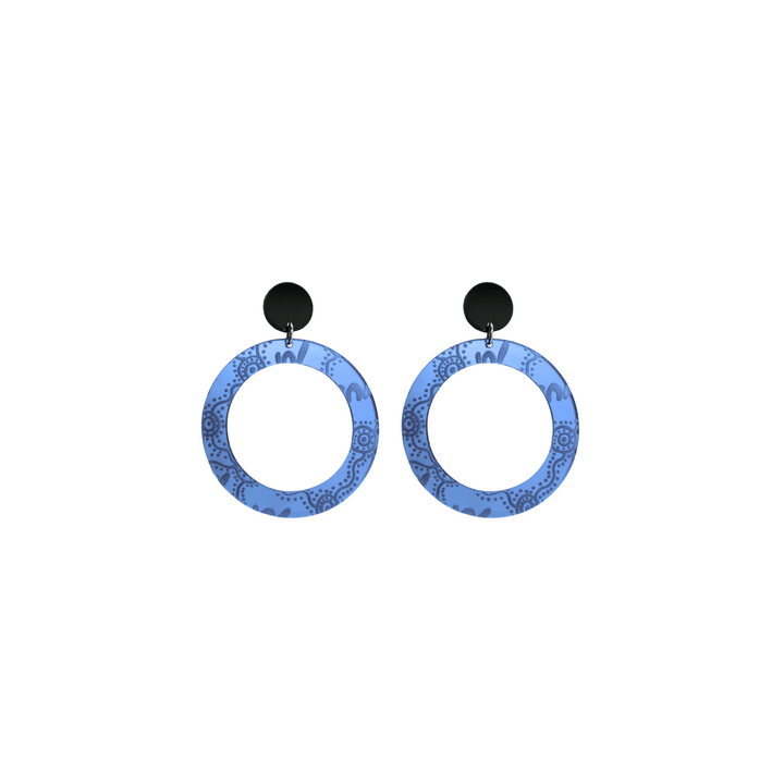 Pair of extra small, blue mirror, acrylic hoop earrings with Aboriginal artwork pattern with black circular earring top. Earrings are on a white background