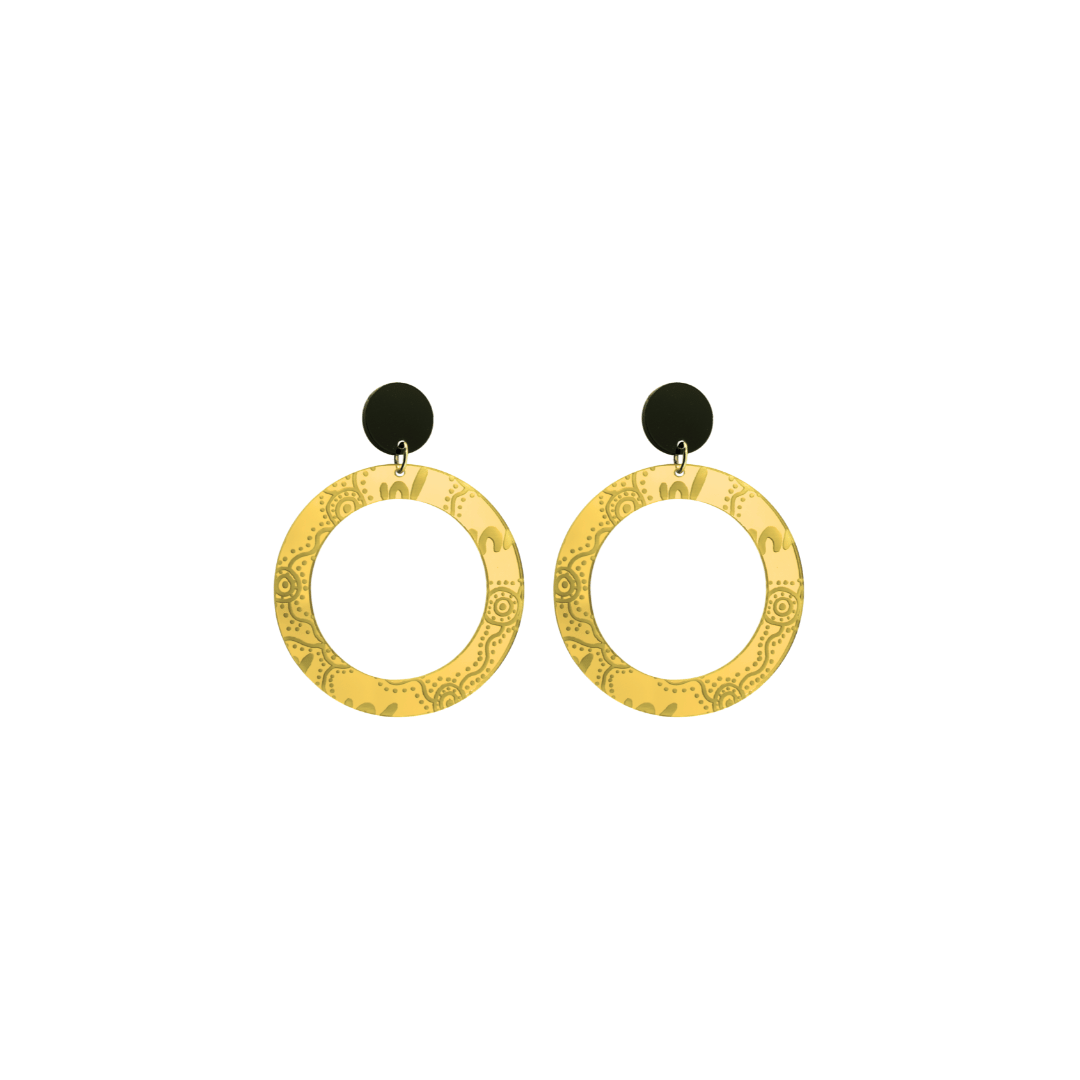 Pair of extra small, gold mirror, acrylic hoop earrings with Aboriginal artwork pattern with black circular earring top. Earrings are on a white background