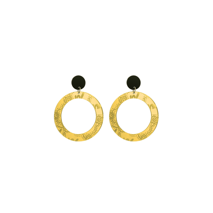Pair of extra small, gold mirror, acrylic hoop earrings with Aboriginal artwork pattern with black circular earring top. Earrings are on a white background