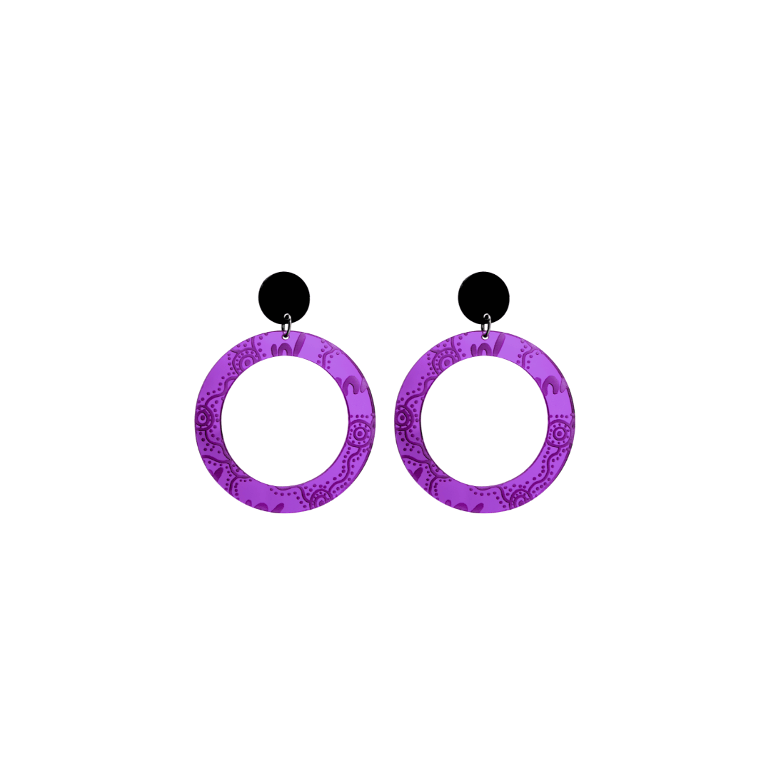 Pair of extra small, purple mirror, acrylic hoop earrings with Aboriginal artwork pattern with black circular earring top. Earrings are on a white background