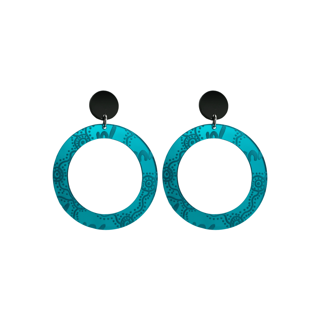 Pair of small, teal mirror, acrylic hoop earrings with Aboriginal artwork pattern with black circular earring top. Earrings are on a white background