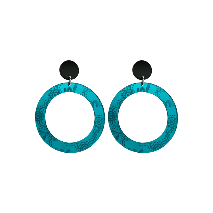 Pair of small, teal mirror, acrylic hoop earrings with Aboriginal artwork pattern with black circular earring top. Earrings are on a white background