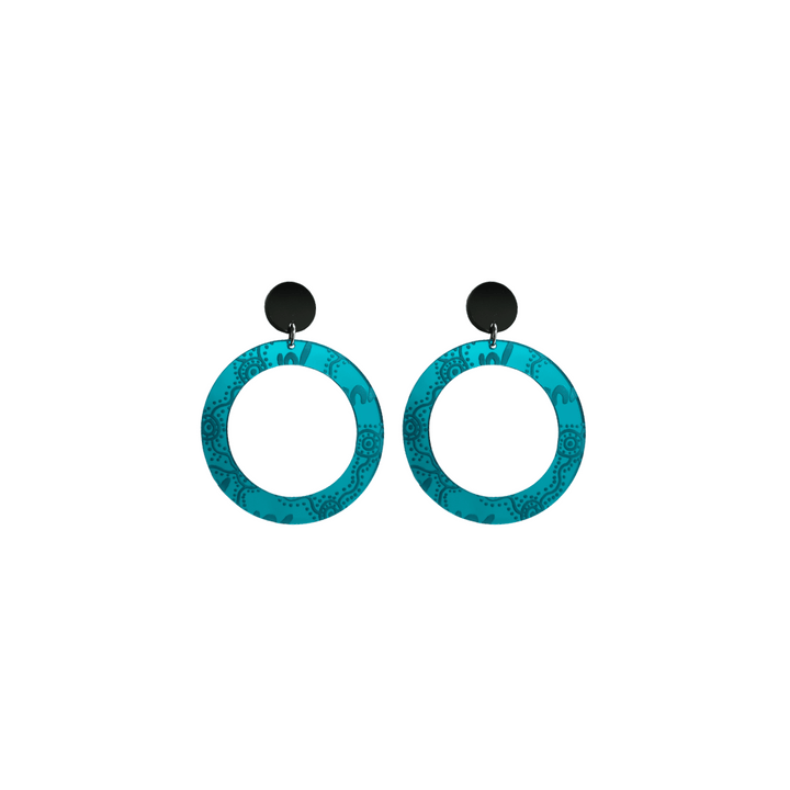 Pair of extra small, teal mirror, acrylic hoop earrings with Aboriginal artwork pattern with black circular earring top. Earrings are on a white background