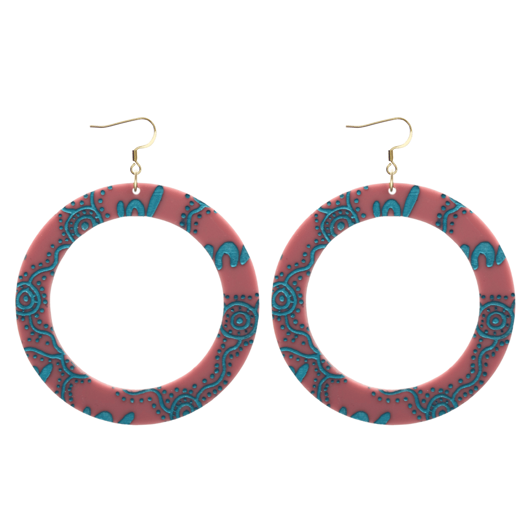 haus of dizzy pair of dusty rose acrylic earrings with Aboriginal art design, that means women in Wiradjuri language, and hooks on a white background size large