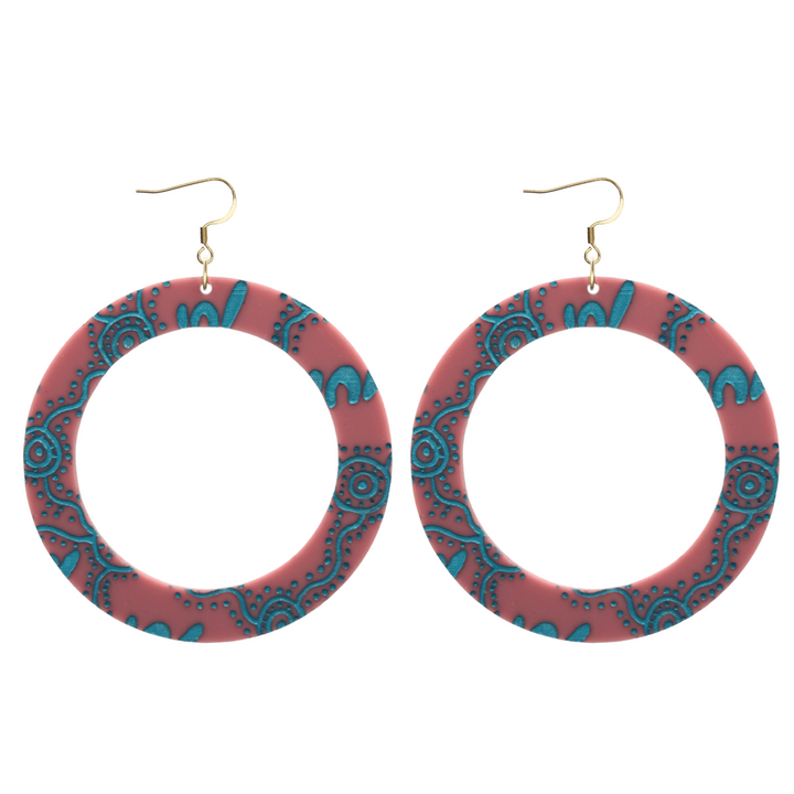 haus of dizzy pair of dusty rose acrylic earrings with Aboriginal art design, that means women in Wiradjuri language, and hooks on a white background size large