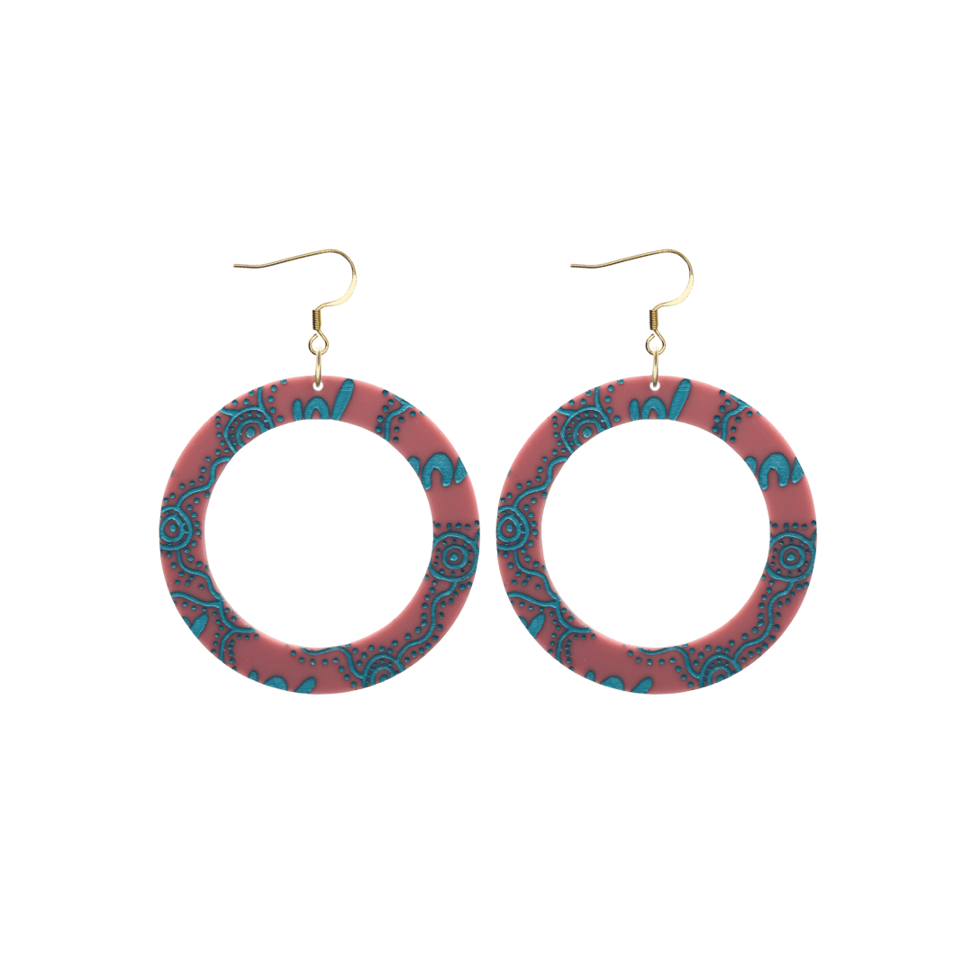 haus of dizzy pair of dusty rose acrylic earrings with Aboriginal art design, that means women in Wiradjuri language, and hooks on a white background size small