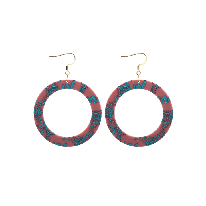 haus of dizzy pair of dusty rose acrylic earrings with Aboriginal art design, that means women in Wiradjuri language, and hooks on a white background size small