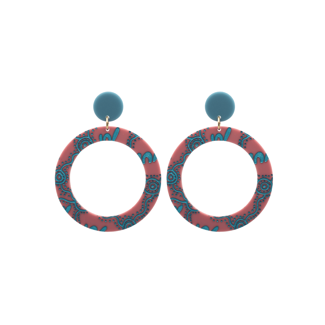haus of dizzy pair of dusty rose acrylic earrings with Aboriginal art design, that means women in Wiradjuri language, and blue circle tops on a white background size small