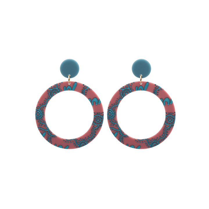 haus of dizzy pair of dusty rose acrylic earrings with Aboriginal art design, that means women in Wiradjuri language, and blue circle tops on a white background size small