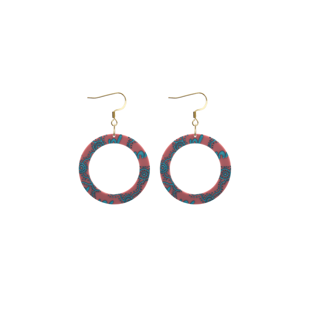 haus of dizzy pair of dusty rose acrylic earrings with Aboriginal art design, that means women in Wiradjuri language, and hooks on a white background size extra small