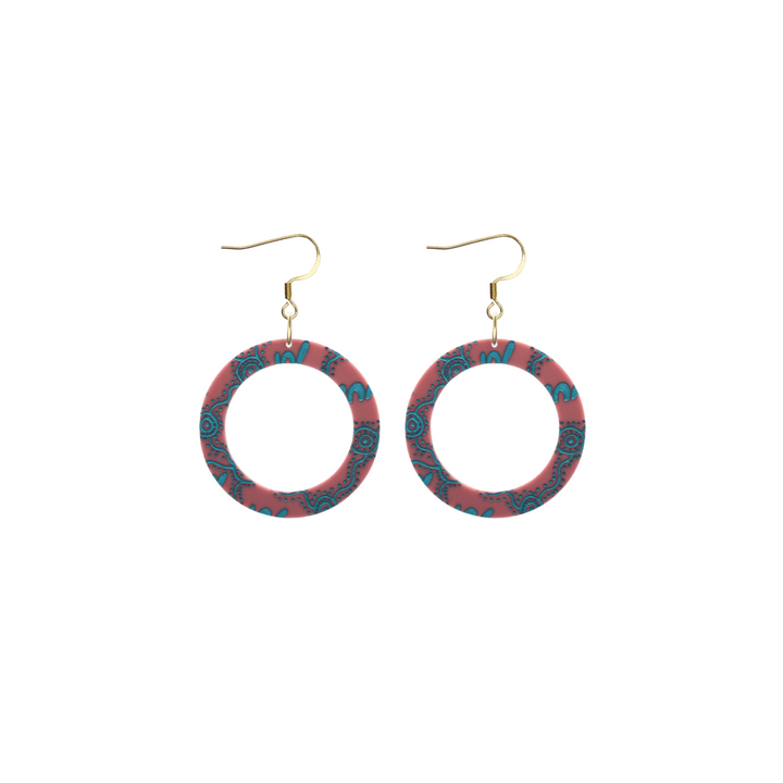 haus of dizzy pair of dusty rose acrylic earrings with Aboriginal art design, that means women in Wiradjuri language, and hooks on a white background size extra small