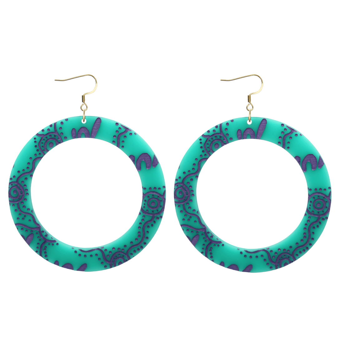 haus of dizzy pair of dusty teal acrylic earrings with Aboriginal art design, that means women in Wiradjuri language, and hooks on a white background size large