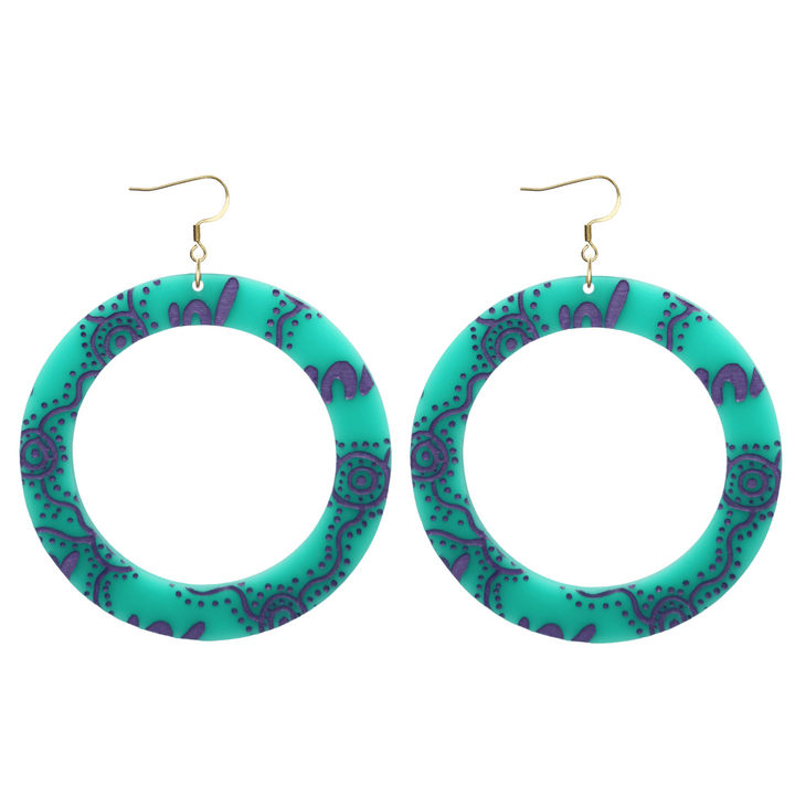 haus of dizzy pair of dusty teal acrylic earrings with Aboriginal art design, that means women in Wiradjuri language, and hooks on a white background size large