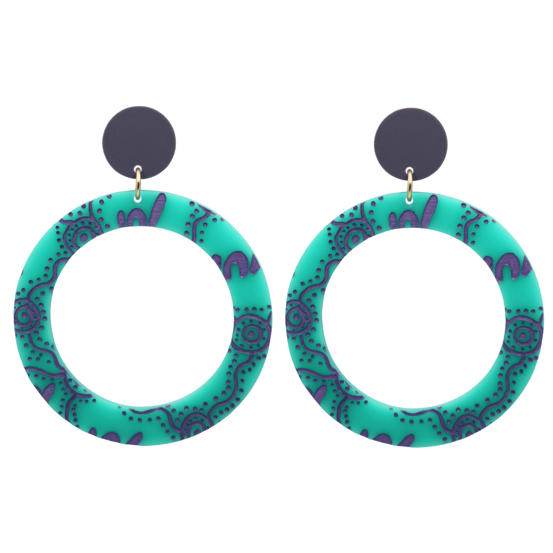 haus of dizzy pair of dusty teal acrylic earrings with Aboriginal art design, that means women in Wiradjuri language, and dark lavender circle tops on a white background size large