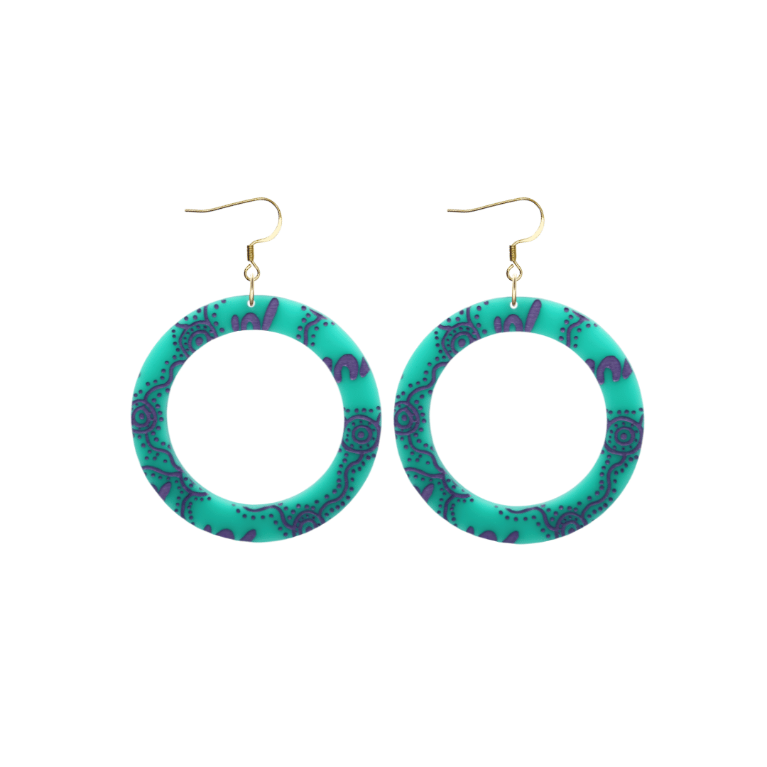haus of dizzy pair of dusty teal acrylic earrings with Aboriginal art design, that means women in Wiradjuri language, and hooks on a white background size small