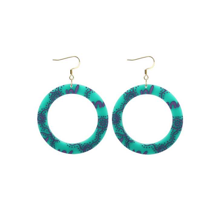 haus of dizzy pair of dusty teal acrylic earrings with Aboriginal art design, that means women in Wiradjuri language, and hooks on a white background size small