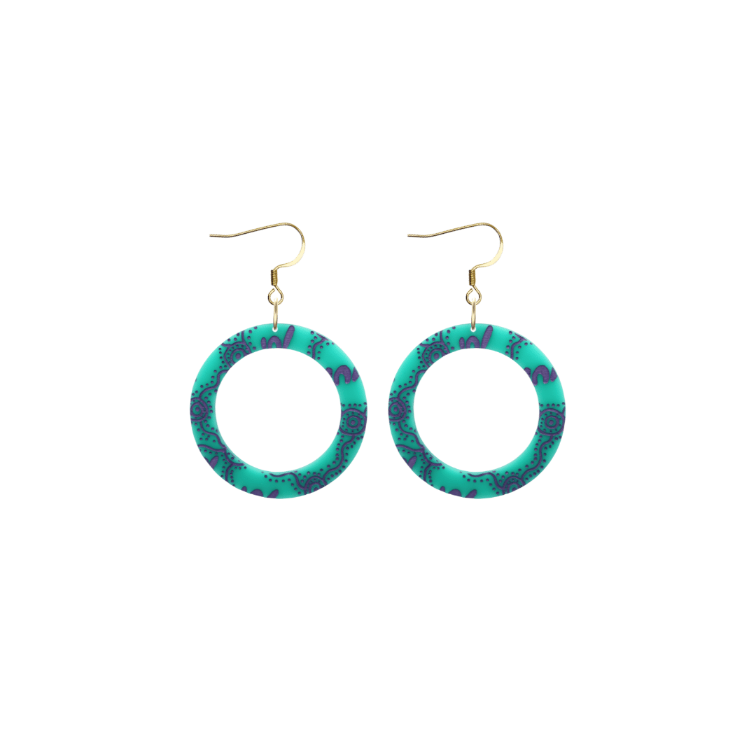 haus of dizzy pair of dusty teal acrylic earrings with Aboriginal art design, that means women in Wiradjuri language, and hooks on a white background size extra small