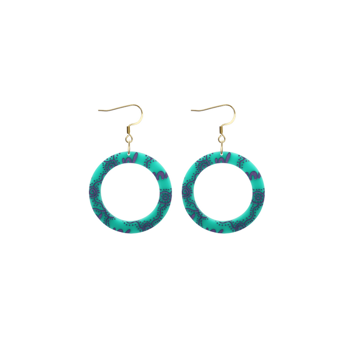 haus of dizzy pair of dusty teal acrylic earrings with Aboriginal art design, that means women in Wiradjuri language, and hooks on a white background size extra small