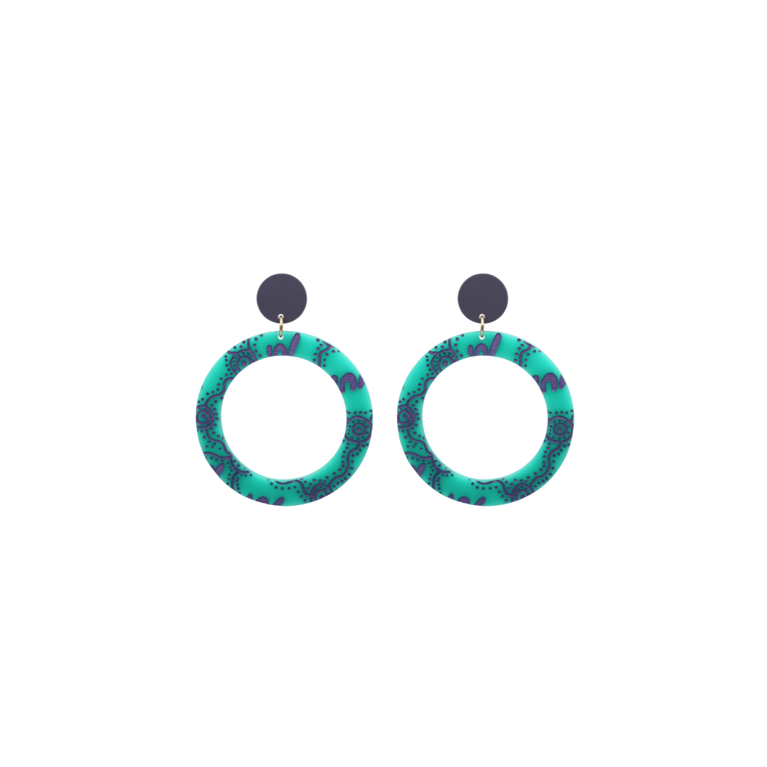 haus of dizzy pair of dusty teal acrylic earrings with Aboriginal art design, that means women in Wiradjuri language, and dark lavender circle tops on a white background size extra small