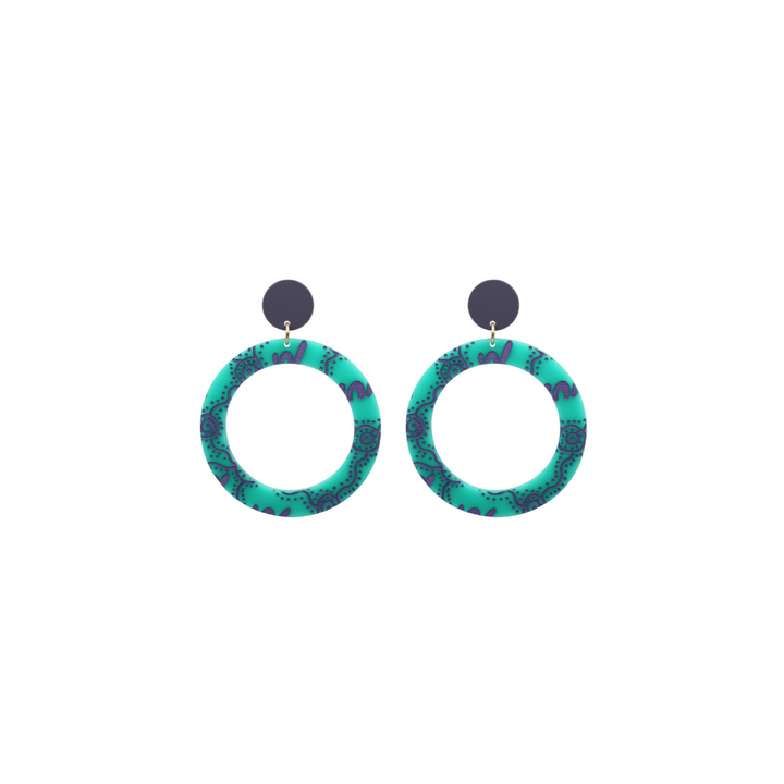 haus of dizzy pair of dusty teal acrylic earrings with Aboriginal art design, that means women in Wiradjuri language, and dark lavender circle tops on a white background size extra small