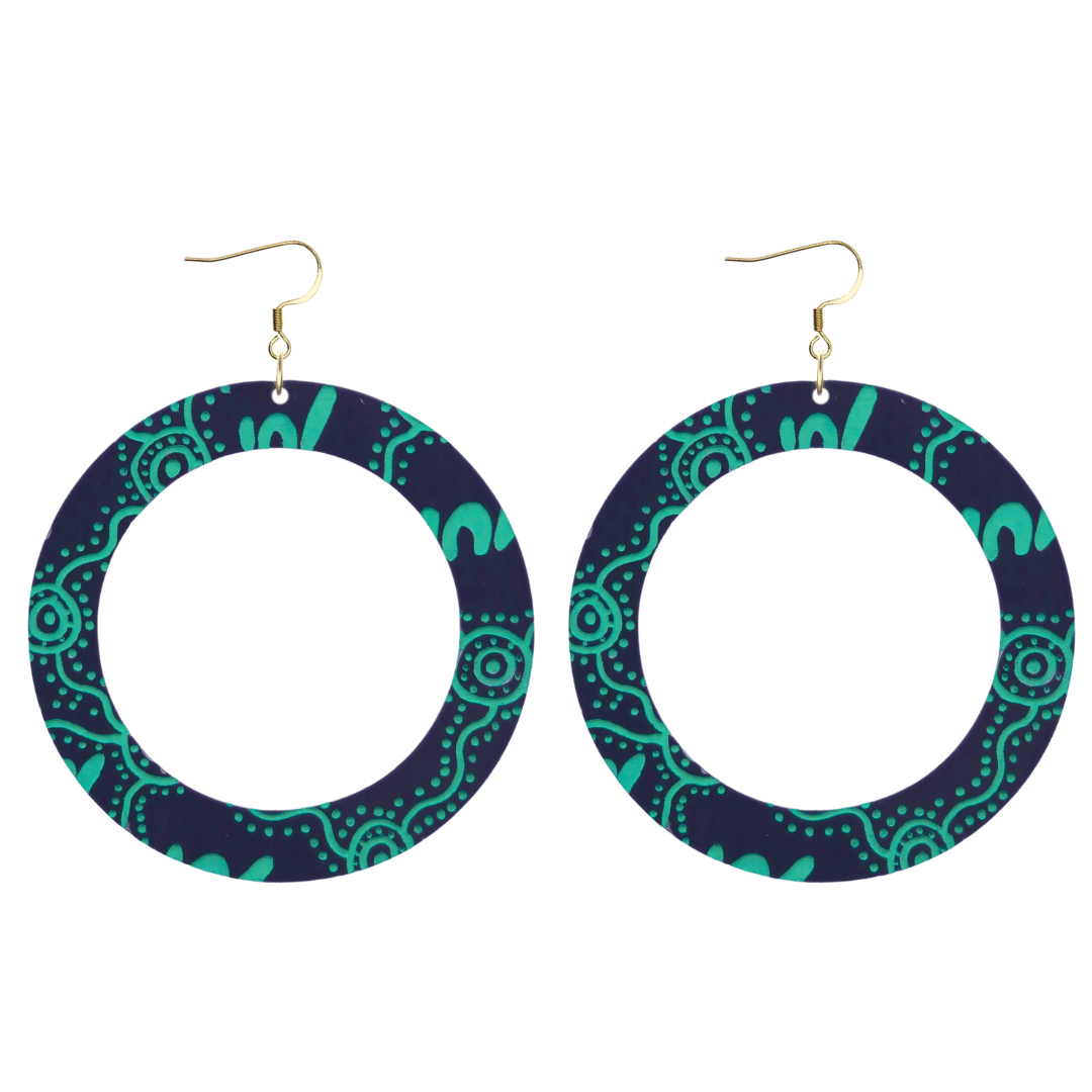 haus of dizzy pair of denim navy acrylic earrings with Aboriginal art design, that means women' in Wiradjuri language, and hooks on a white background size large