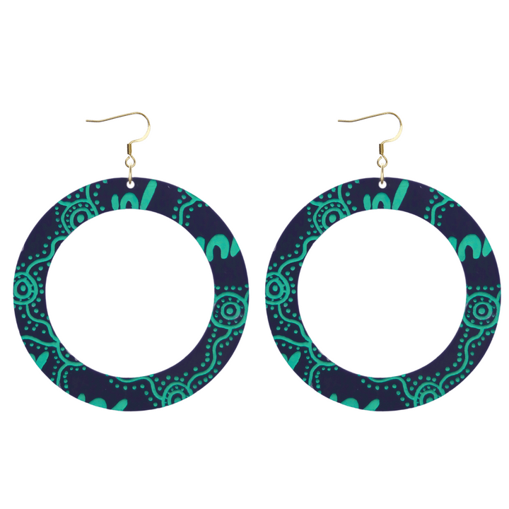 haus of dizzy pair of denim navy acrylic earrings with Aboriginal art design, that means women' in Wiradjuri language, and hooks on a white background size large