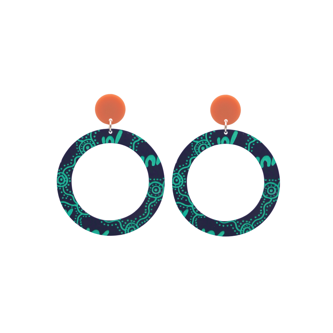 haus of dizzy pair of denim navy acrylic earrings with Aboriginal art design, that means women in Wiradjuri language, and burnt orange circle tops on a white background size small