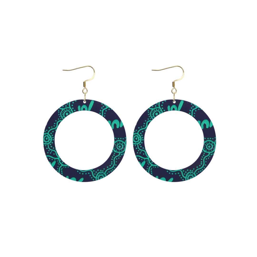 haus of dizzy pair of denim navy acrylic earrings with Aboriginal art design, that means women' in Wiradjuri language, and hooks on a white background size small