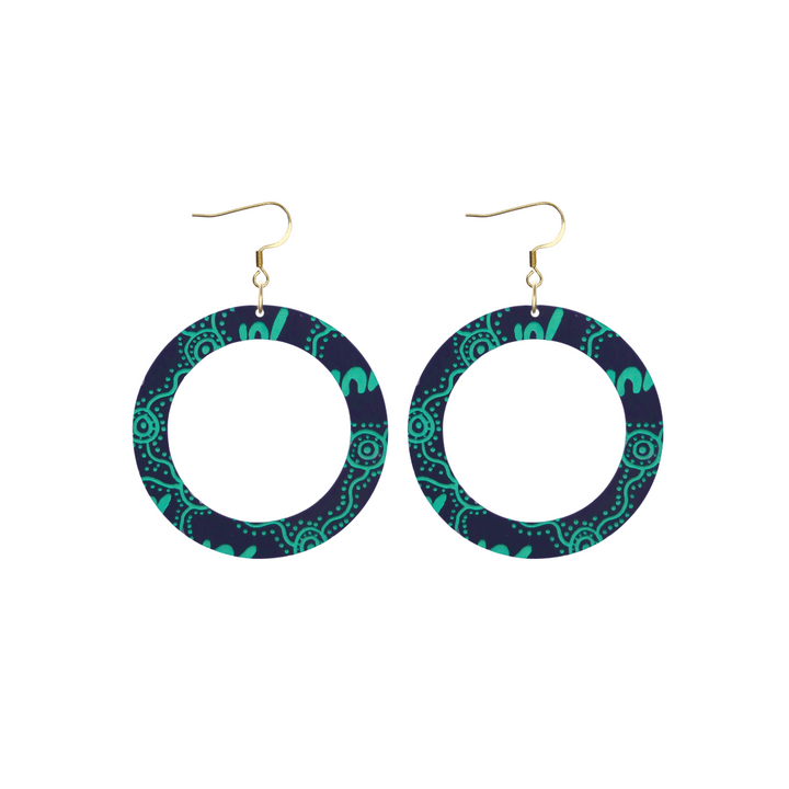 haus of dizzy pair of denim navy acrylic earrings with Aboriginal art design, that means women' in Wiradjuri language, and hooks on a white background size small