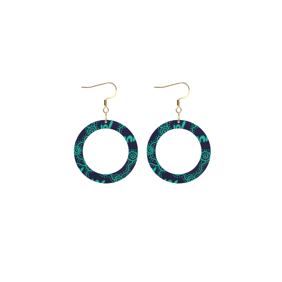 haus of dizzy pair of denim navy acrylic earrings with Aboriginal art design, that means women in Wiradjuri language, and hooks on a white background size extra small