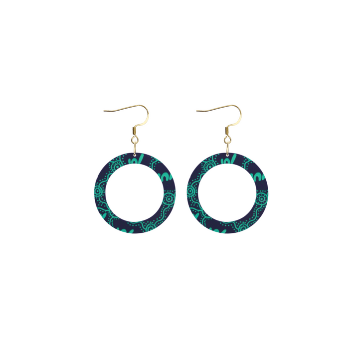 haus of dizzy pair of denim navy acrylic earrings with Aboriginal art design, that means women in Wiradjuri language, and hooks on a white background size extra small