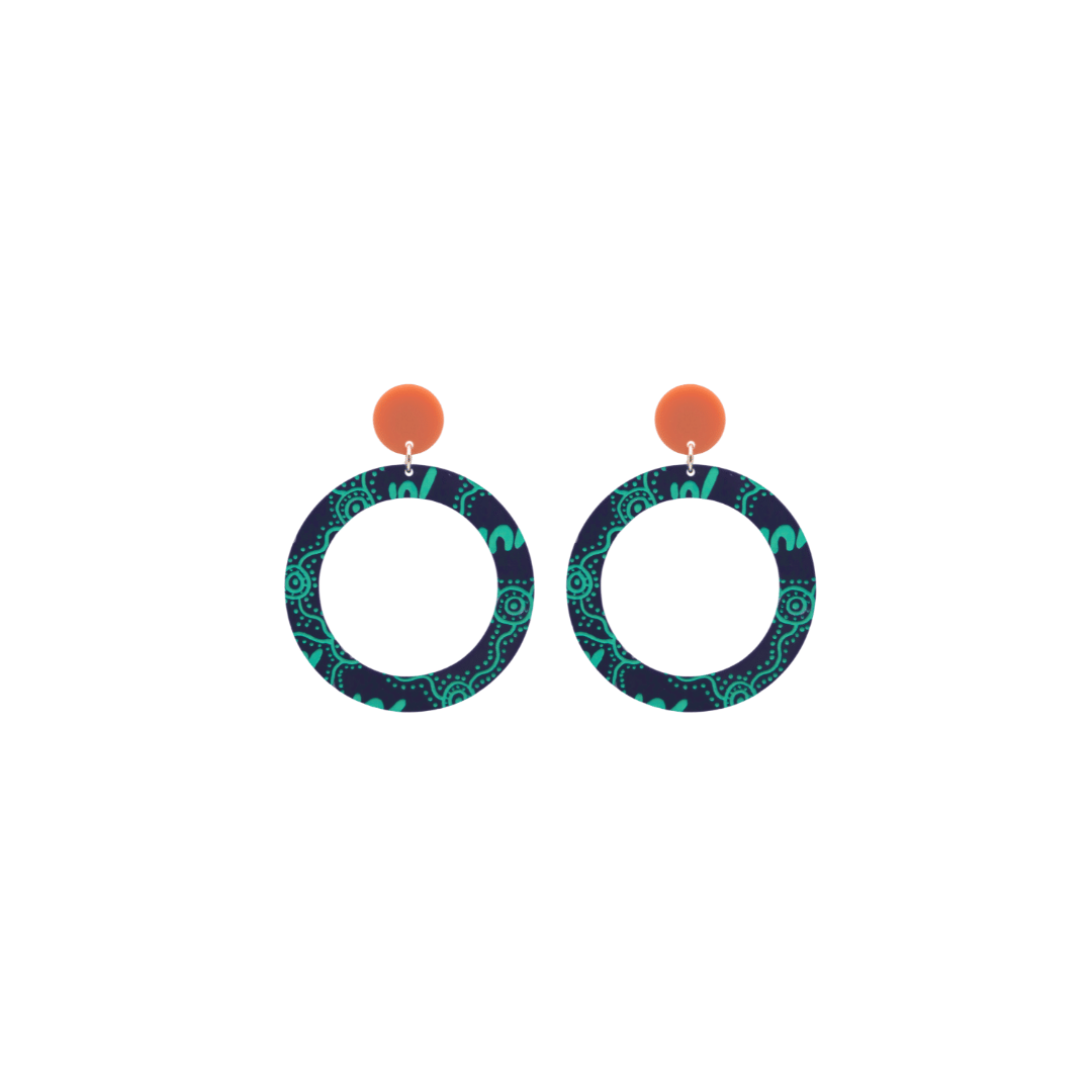 haus of dizzy pair of denim navy acrylic earrings with Aboriginal art design, that means women in Wiradjuri language, and burnt orange circle tops on a white background size extra small
