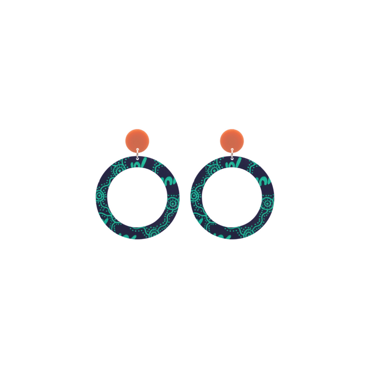 haus of dizzy pair of denim navy acrylic earrings with Aboriginal art design, that means women in Wiradjuri language, and burnt orange circle tops on a white background size extra small