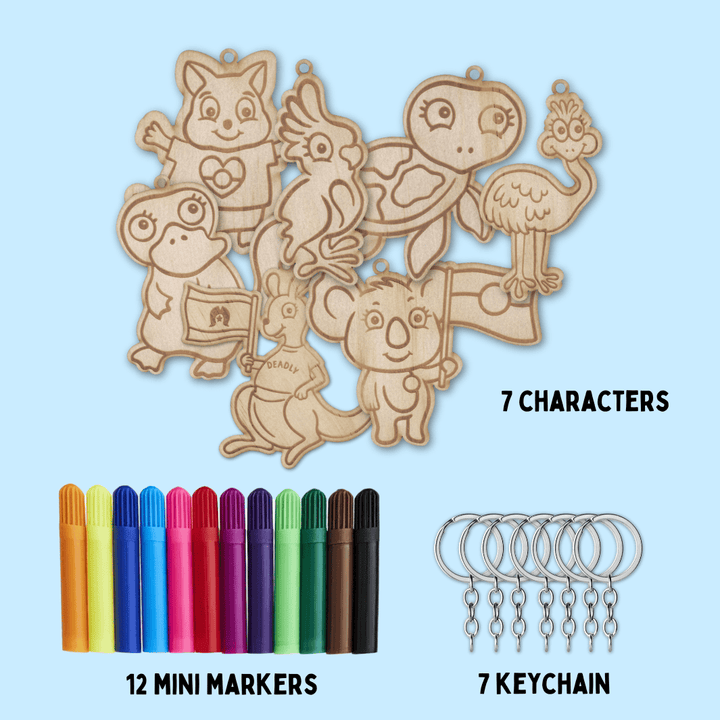 Set of wooden haus of ziggy lee haus of dizzy native animal colour in keychains on a light blue background with picture of 12 mini colourful markets and 7 silver keychains to attach. words read 7 characters, 12 mini markers, 7 keychain.